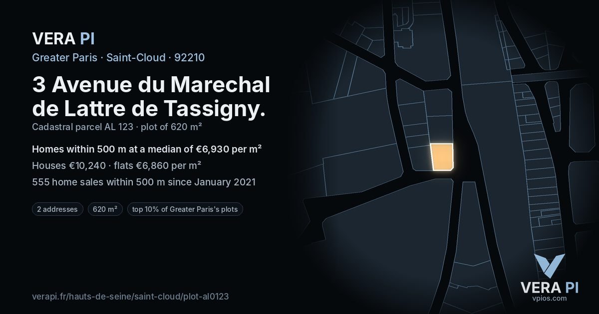 3 Avenue du Marechal de Lattre de Tassigny, Saint-Cloud at night – the plot lit, the parcels around coloured by the prices near them