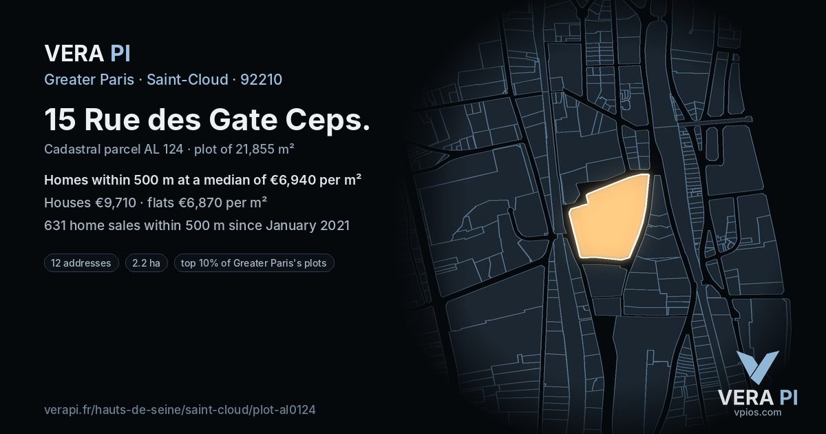 15 Rue des Gate Ceps, Saint-Cloud at night – the plot lit, the parcels around coloured by the prices near them