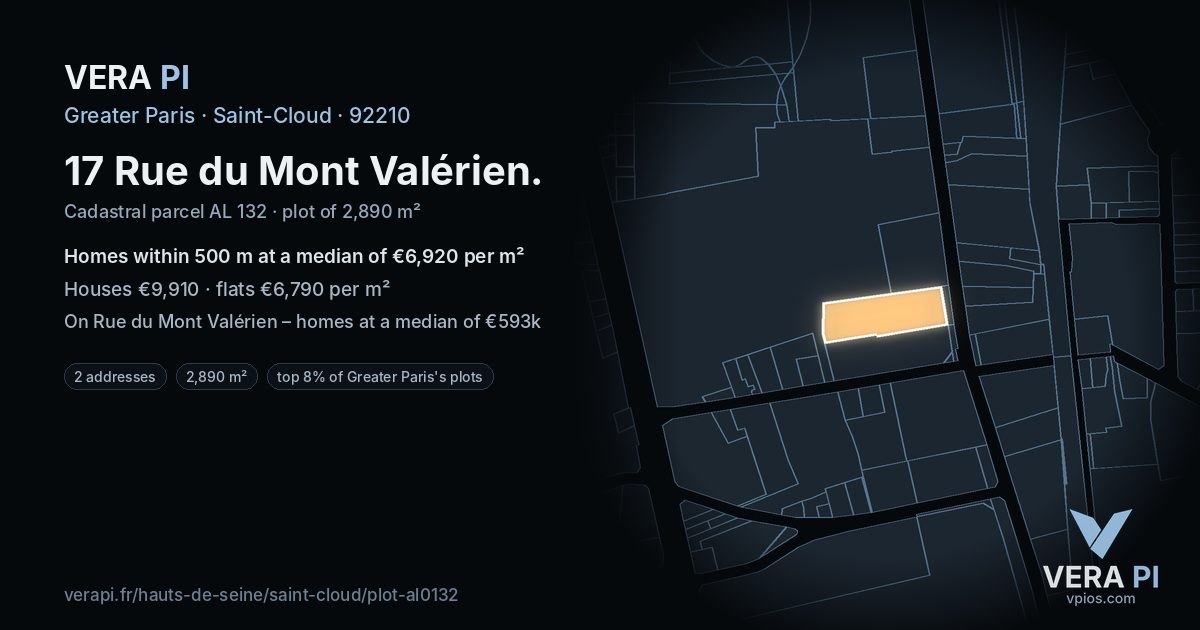 17 Rue du Mont Valérien, Saint-Cloud at night – the plot lit, the parcels around coloured by the prices near them