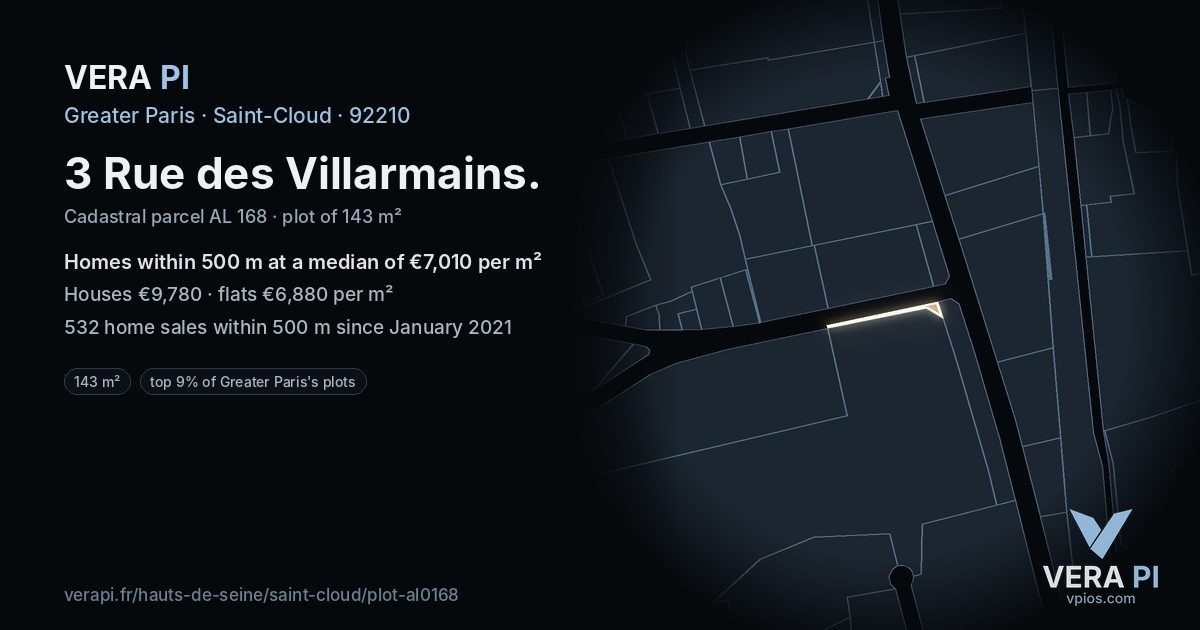 3 Rue des Villarmains, Saint-Cloud at night – the plot lit, the parcels around coloured by the prices near them