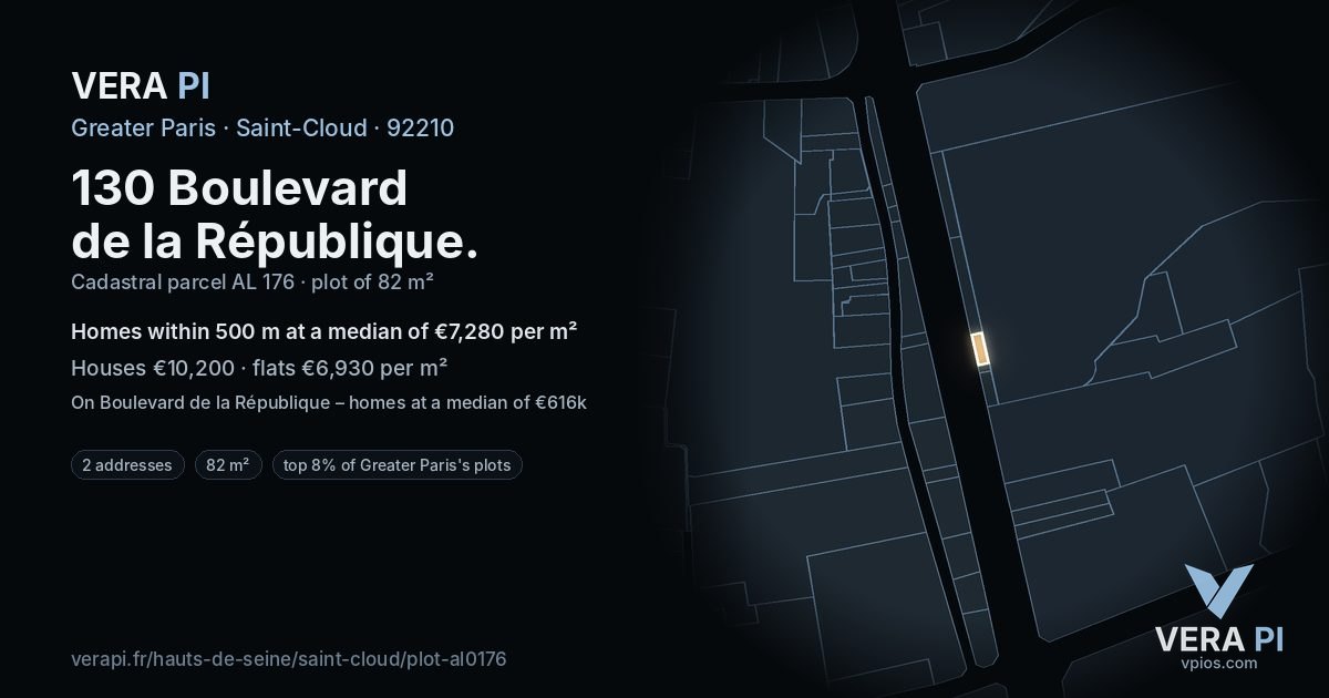 130 Boulevard de la République, Saint-Cloud at night – the plot lit, the parcels around coloured by the prices near them