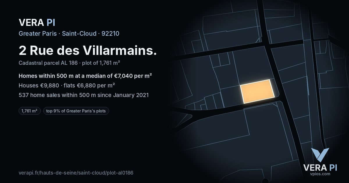 2 Rue des Villarmains, Saint-Cloud at night – the plot lit, the parcels around coloured by the prices near them