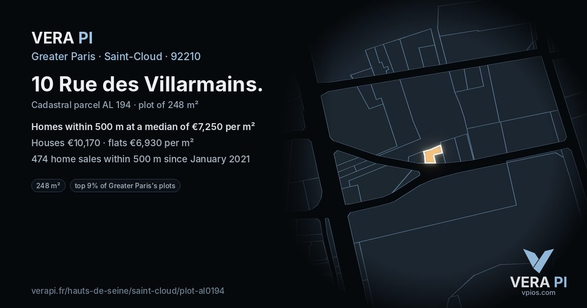 10 Rue des Villarmains, Saint-Cloud at night – the plot lit, the parcels around coloured by the prices near them