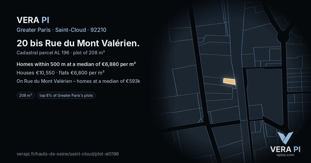 20 bis Rue du Mont Valérien, Saint-Cloud at night – the plot lit, the parcels around coloured by the prices near them
