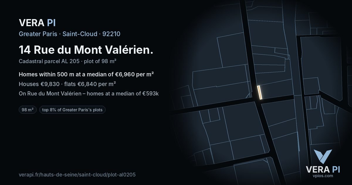 14 Rue du Mont Valérien, Saint-Cloud at night – the plot lit, the parcels around coloured by the prices near them