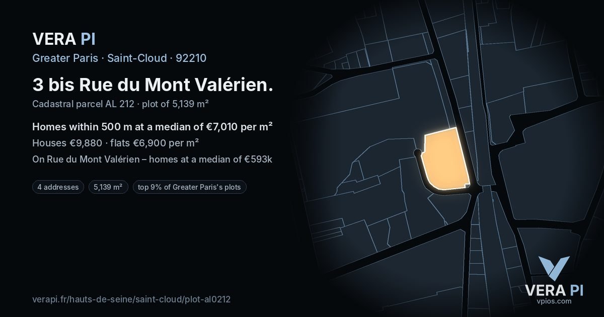 3 bis Rue du Mont Valérien, Saint-Cloud at night – the plot lit, the parcels around coloured by the prices near them