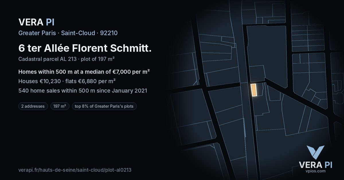 6 ter Allée Florent Schmitt, Saint-Cloud at night – the plot lit, the parcels around coloured by the prices near them