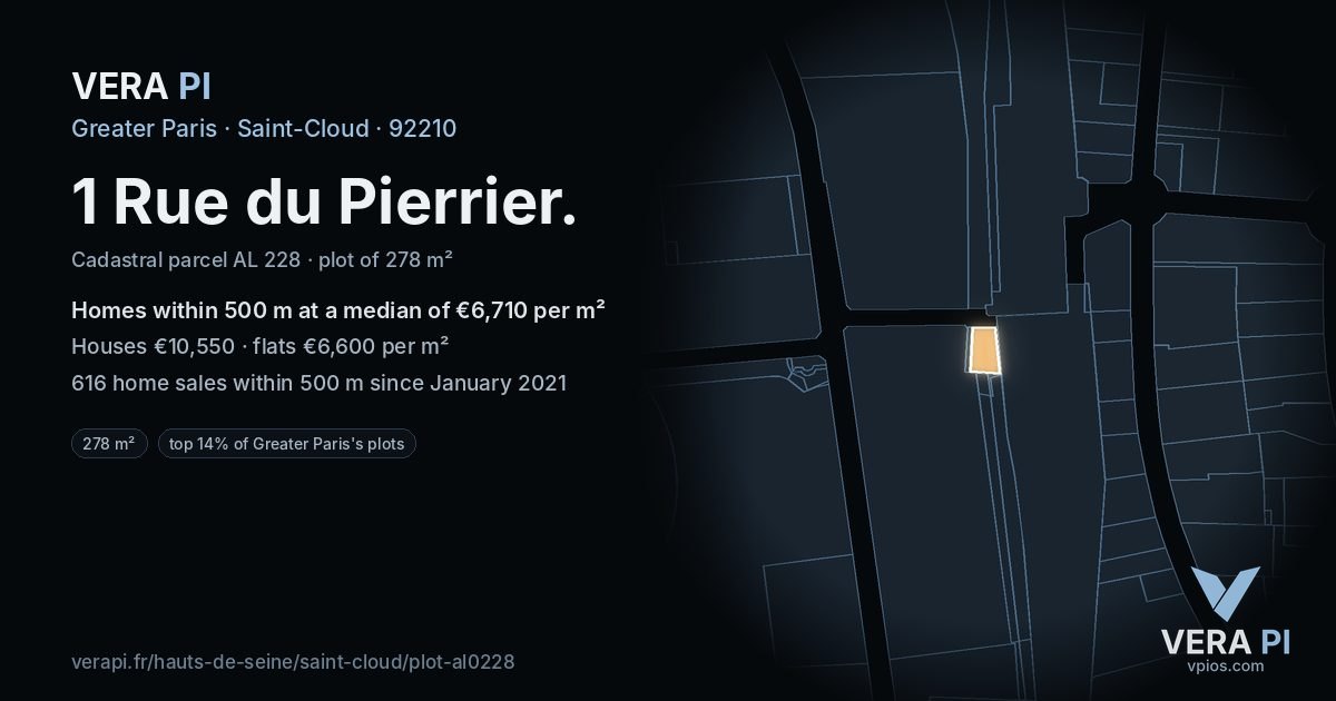 1 Rue du Pierrier, Saint-Cloud at night – the plot lit, the parcels around coloured by the prices near them