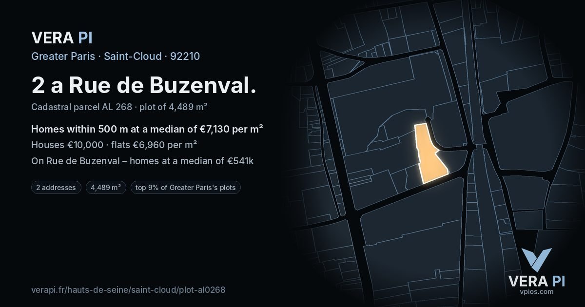 2 a Rue de Buzenval, Saint-Cloud at night – the plot lit, the parcels around coloured by the prices near them