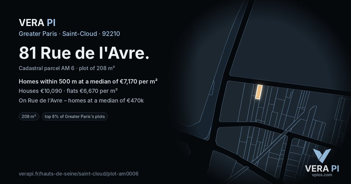 81 Rue de l'Avre, Saint-Cloud at night – the plot lit, the parcels around coloured by the prices near them