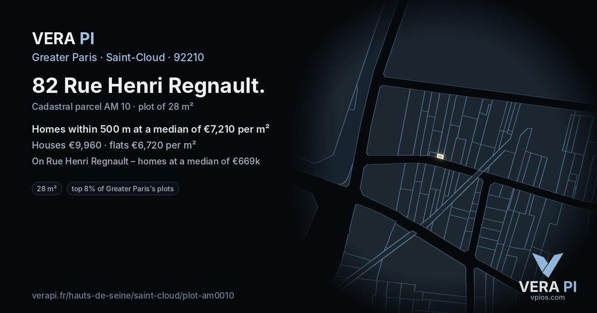 82 Rue Henri Regnault, Saint-Cloud at night – the plot lit, the parcels around coloured by the prices near them