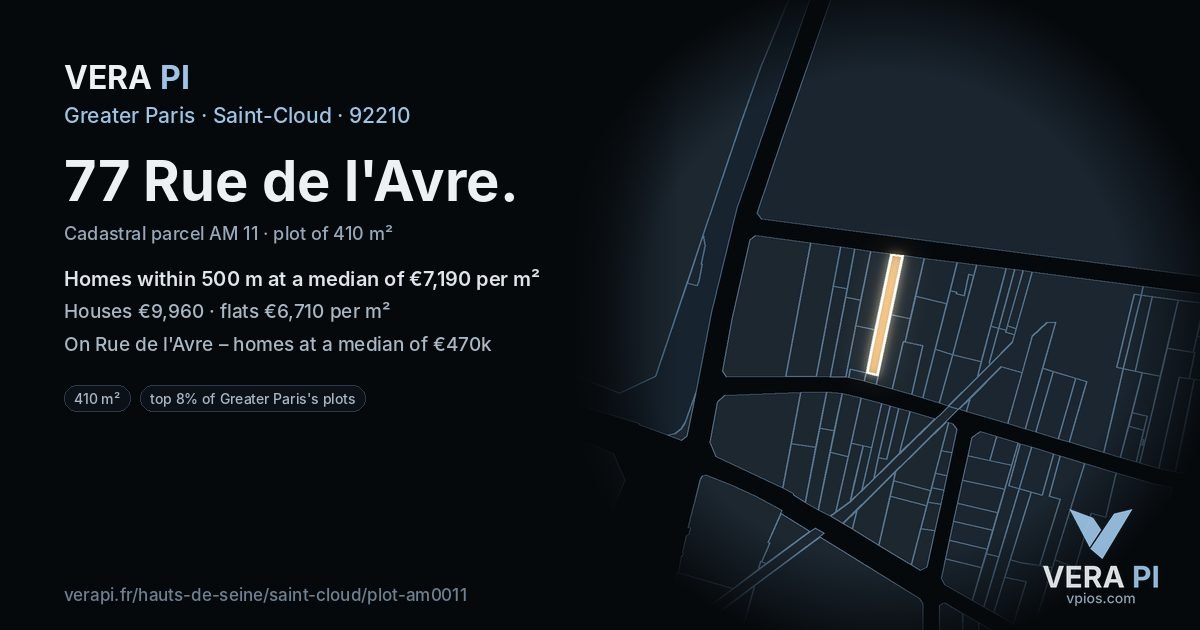 77 Rue de l'Avre, Saint-Cloud at night – the plot lit, the parcels around coloured by the prices near them