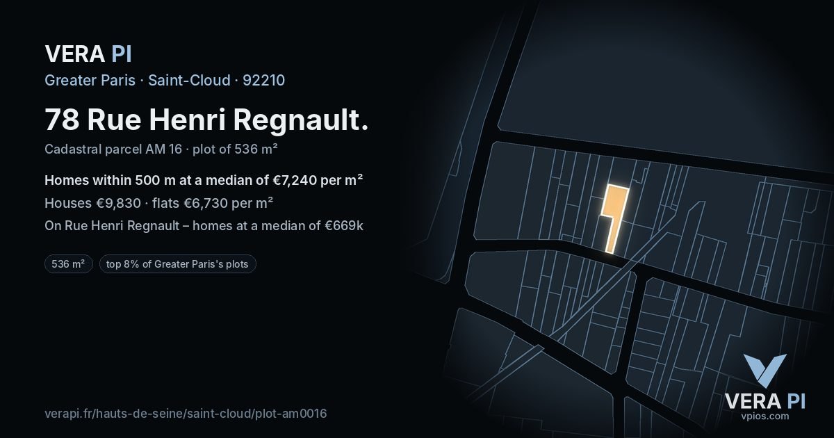 78 Rue Henri Regnault, Saint-Cloud at night – the plot lit, the parcels around coloured by the prices near them