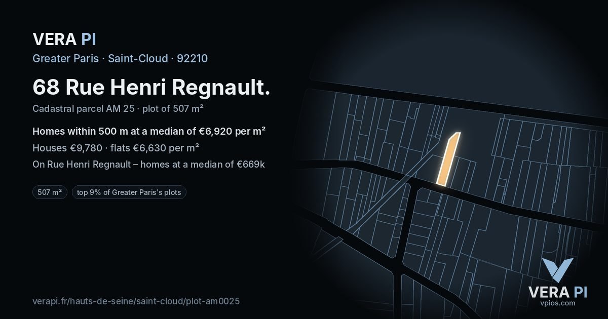 68 Rue Henri Regnault, Saint-Cloud at night – the plot lit, the parcels around coloured by the prices near them