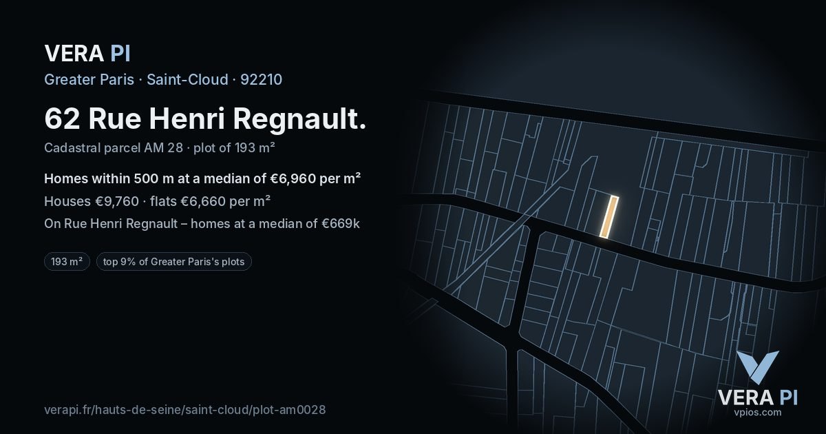 62 Rue Henri Regnault, Saint-Cloud at night – the plot lit, the parcels around coloured by the prices near them