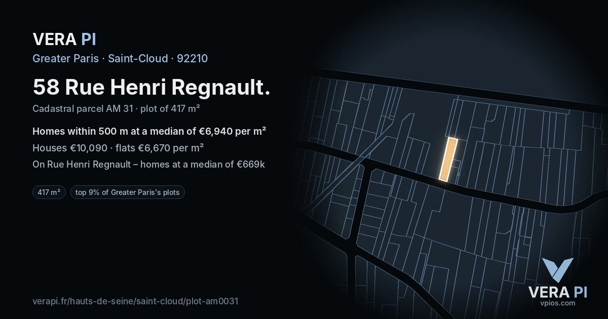 58 Rue Henri Regnault, Saint-Cloud at night – the plot lit, the parcels around coloured by the prices near them