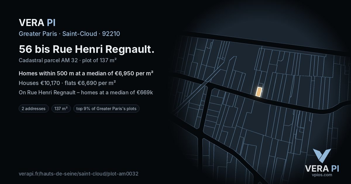 56 bis Rue Henri Regnault, Saint-Cloud at night – the plot lit, the parcels around coloured by the prices near them