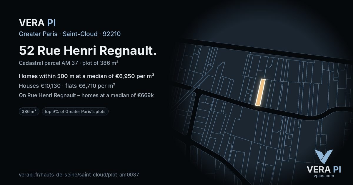 52 Rue Henri Regnault, Saint-Cloud at night – the plot lit, the parcels around coloured by the prices near them