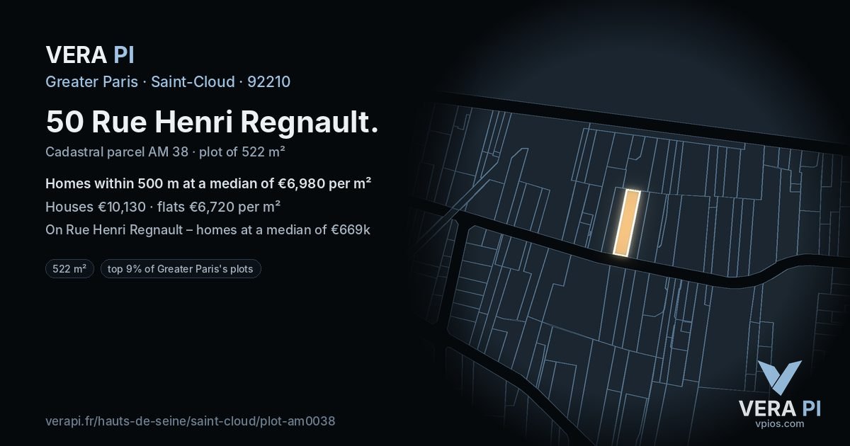 50 Rue Henri Regnault, Saint-Cloud at night – the plot lit, the parcels around coloured by the prices near them