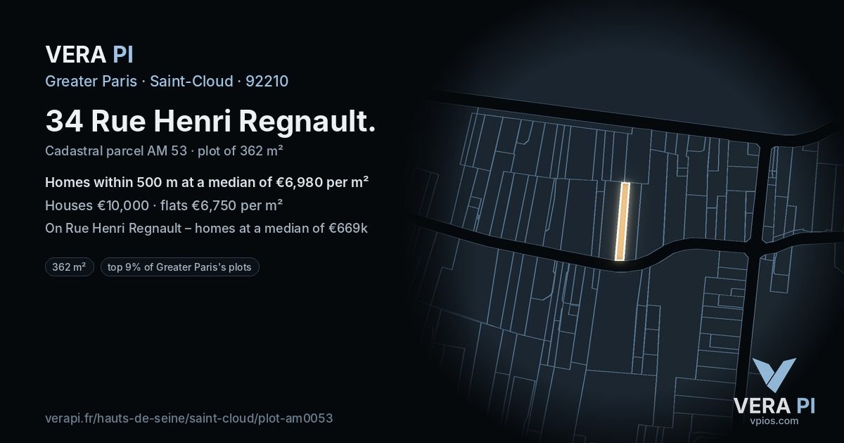 34 Rue Henri Regnault, Saint-Cloud at night – the plot lit, the parcels around coloured by the prices near them