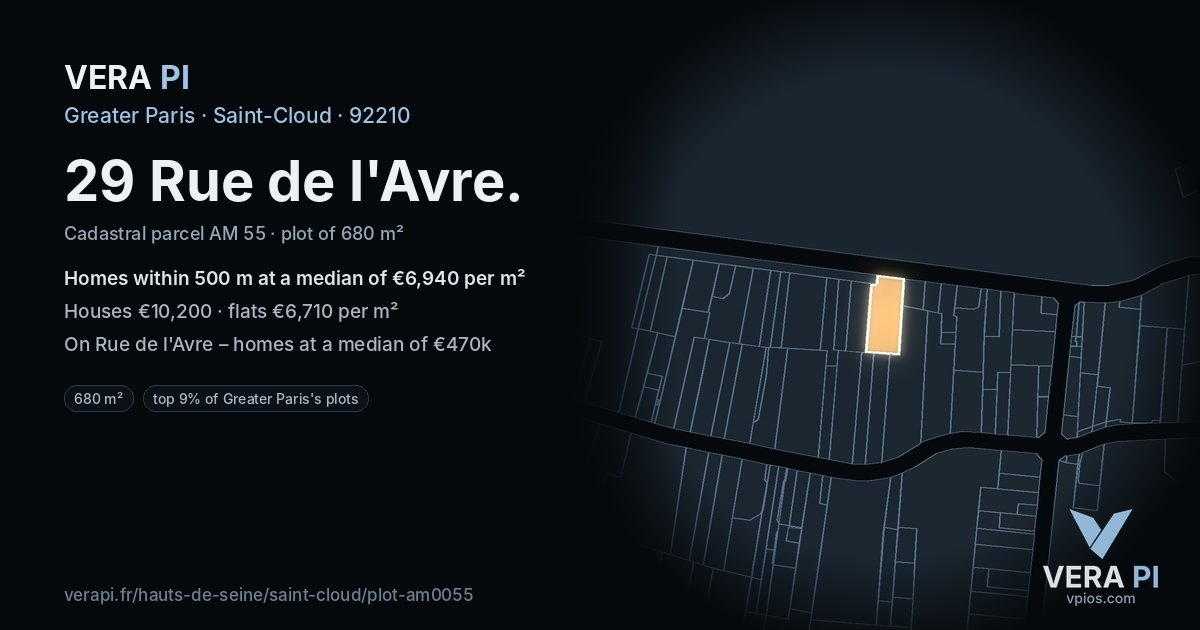 29 Rue de l'Avre, Saint-Cloud at night – the plot lit, the parcels around coloured by the prices near them