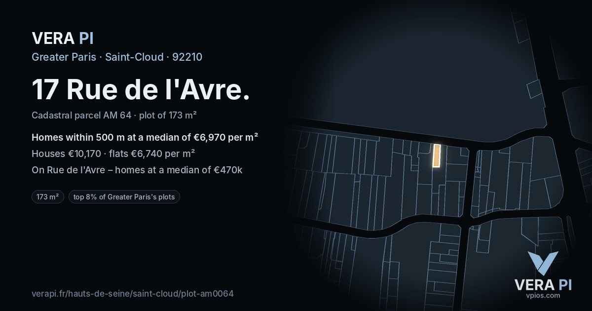 17 Rue de l'Avre, Saint-Cloud at night – the plot lit, the parcels around coloured by the prices near them