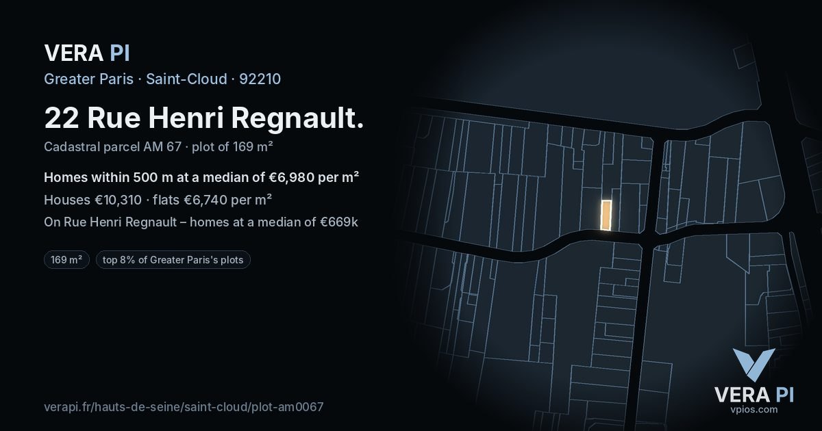 22 Rue Henri Regnault, Saint-Cloud at night – the plot lit, the parcels around coloured by the prices near them