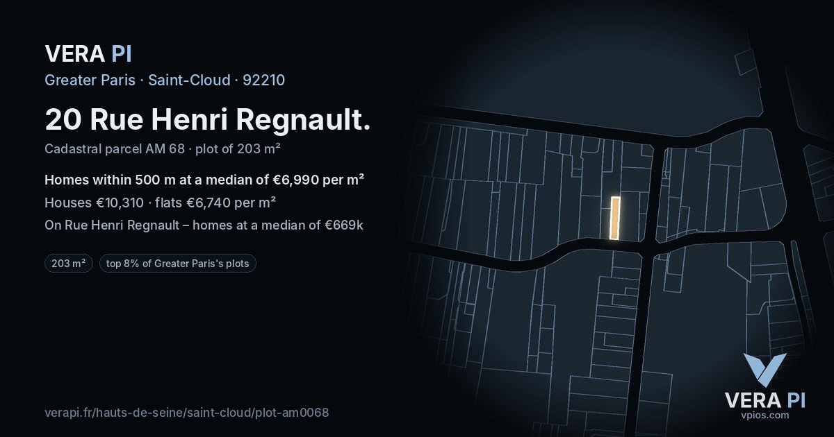20 Rue Henri Regnault, Saint-Cloud at night – the plot lit, the parcels around coloured by the prices near them