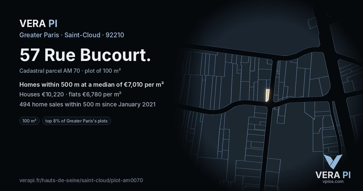 57 Rue Bucourt, Saint-Cloud at night – the plot lit, the parcels around coloured by the prices near them