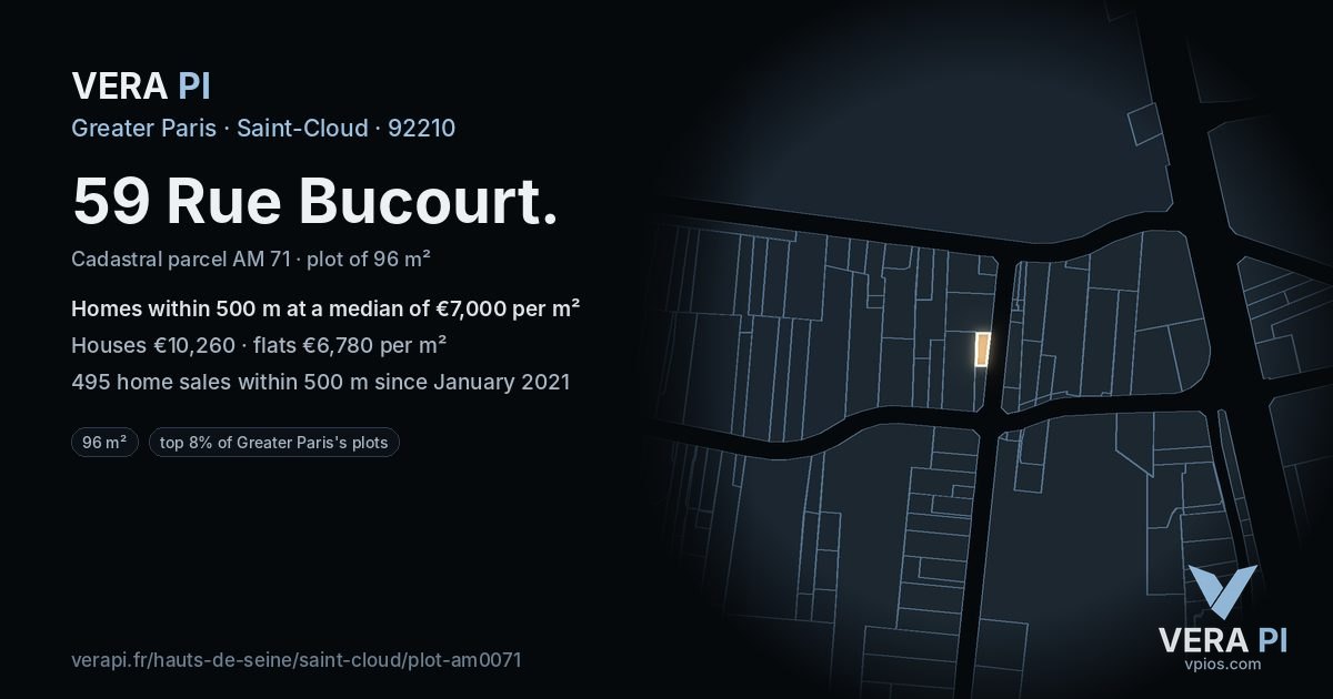 59 Rue Bucourt, Saint-Cloud at night – the plot lit, the parcels around coloured by the prices near them