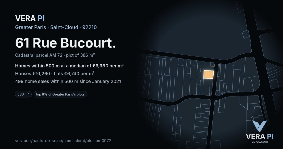 61 Rue Bucourt, Saint-Cloud at night – the plot lit, the parcels around coloured by the prices near them