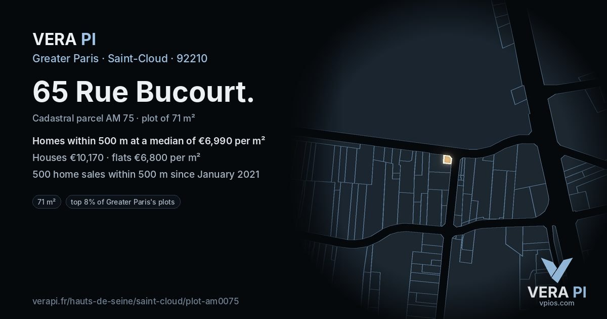 65 Rue Bucourt, Saint-Cloud at night – the plot lit, the parcels around coloured by the prices near them