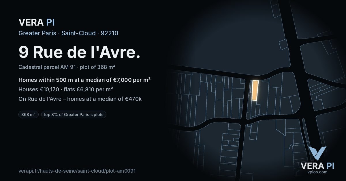 9 Rue de l'Avre, Saint-Cloud at night – the plot lit, the parcels around coloured by the prices near them