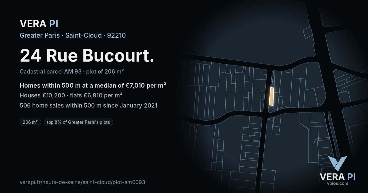 24 Rue Bucourt, Saint-Cloud at night – the plot lit, the parcels around coloured by the prices near them