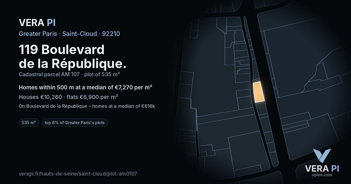 119 Boulevard de la République, Saint-Cloud at night – the plot lit, the parcels around coloured by the prices near them