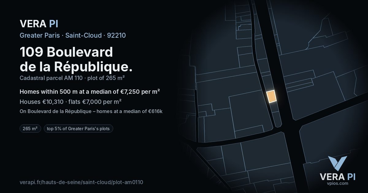 109 Boulevard de la République, Saint-Cloud at night – the plot lit, the parcels around coloured by the prices near them