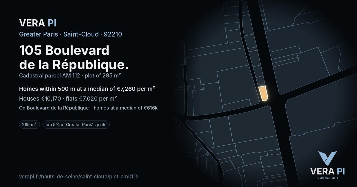 105 Boulevard de la République, Saint-Cloud at night – the plot lit, the parcels around coloured by the prices near them