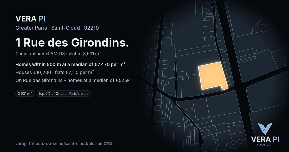 1 Rue des Girondins, Saint-Cloud at night – the plot lit, the parcels around coloured by the prices near them