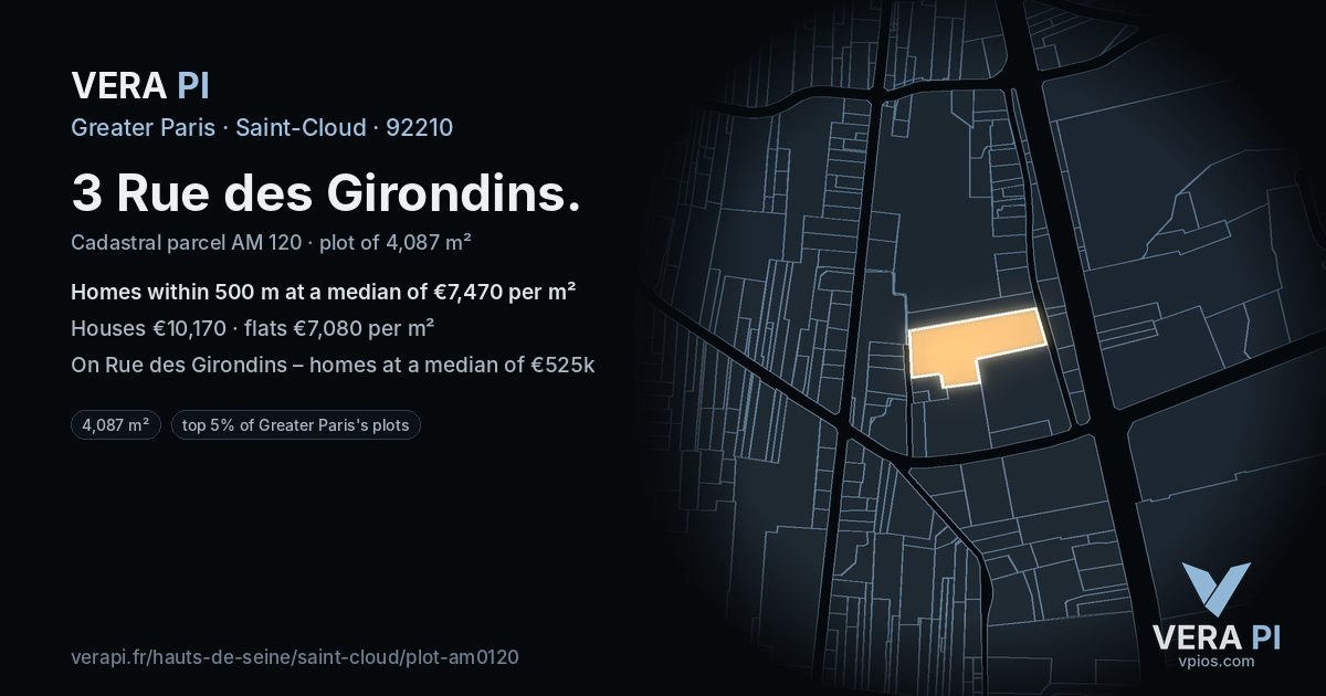 3 Rue des Girondins, Saint-Cloud at night – the plot lit, the parcels around coloured by the prices near them