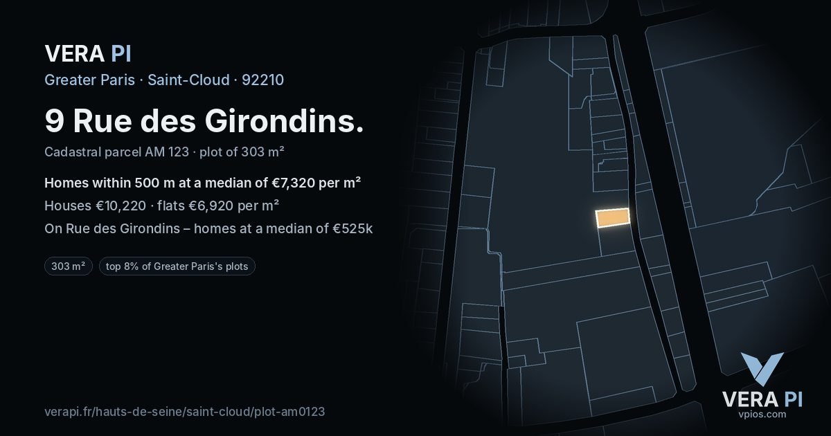 9 Rue des Girondins, Saint-Cloud at night – the plot lit, the parcels around coloured by the prices near them