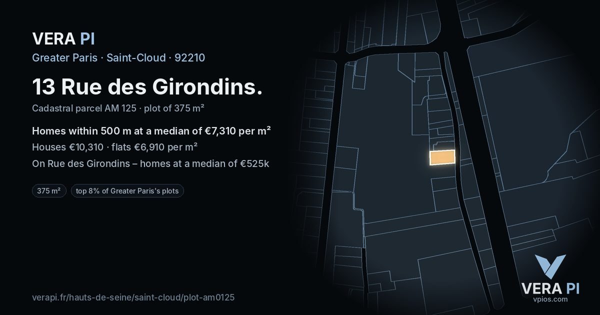 13 Rue des Girondins, Saint-Cloud at night – the plot lit, the parcels around coloured by the prices near them