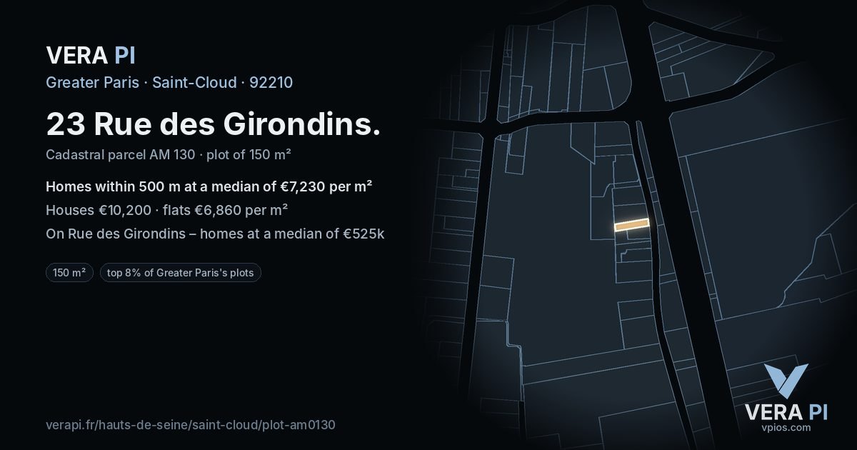 23 Rue des Girondins, Saint-Cloud at night – the plot lit, the parcels around coloured by the prices near them