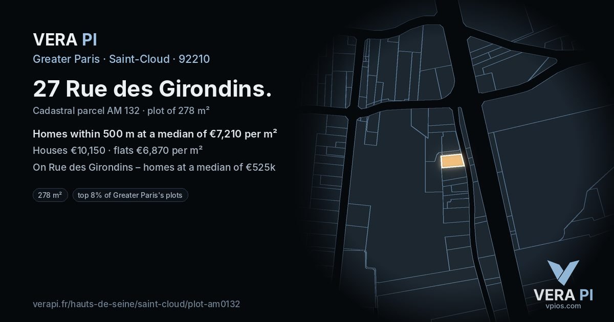 27 Rue des Girondins, Saint-Cloud at night – the plot lit, the parcels around coloured by the prices near them