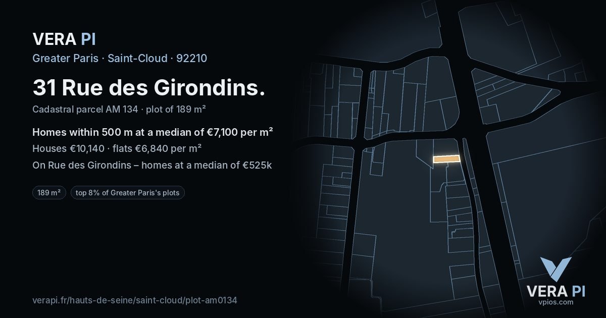 31 Rue des Girondins, Saint-Cloud at night – the plot lit, the parcels around coloured by the prices near them