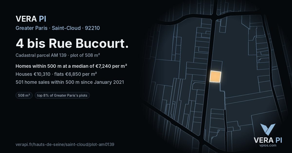 4 bis Rue Bucourt, Saint-Cloud at night – the plot lit, the parcels around coloured by the prices near them