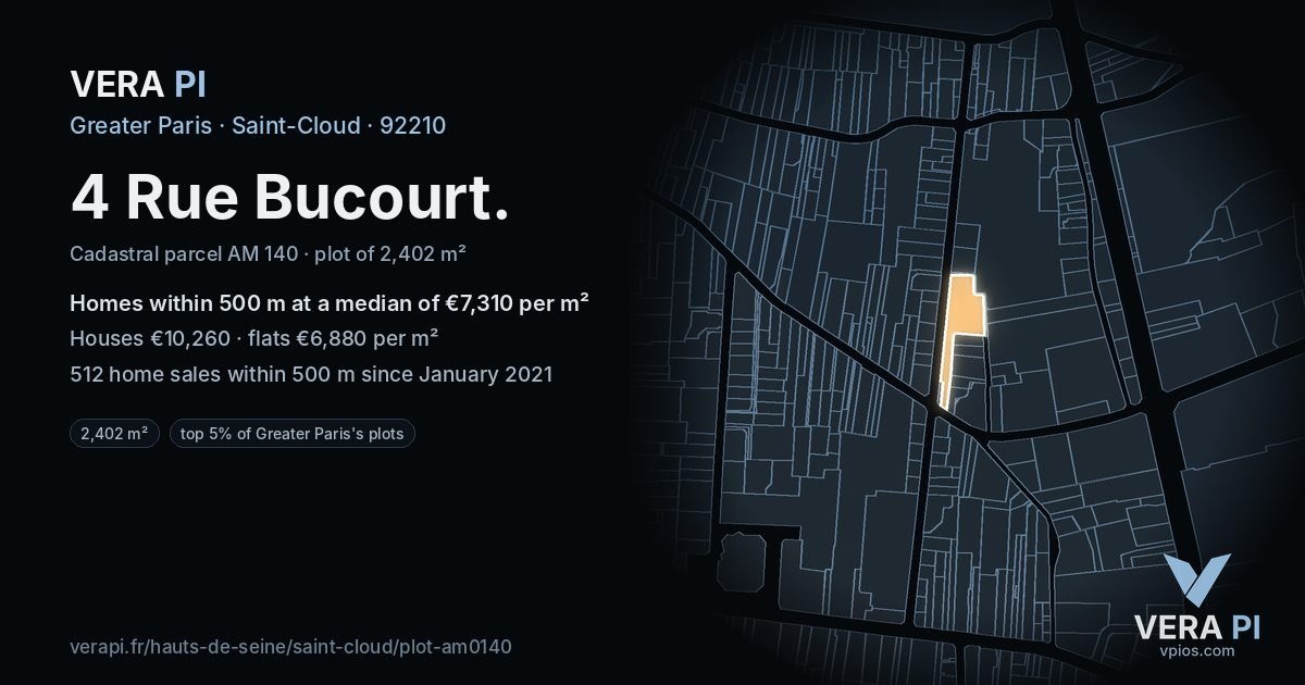 4 Rue Bucourt, Saint-Cloud at night – the plot lit, the parcels around coloured by the prices near them