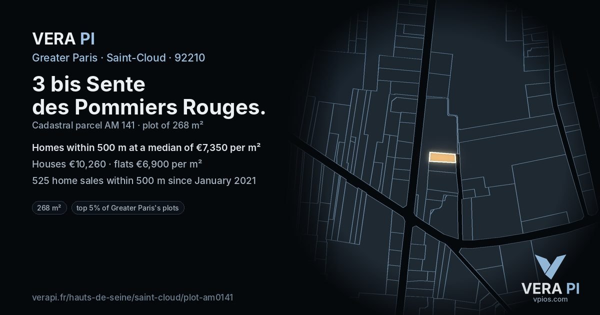 3 bis Sente des Pommiers Rouges, Saint-Cloud at night – the plot lit, the parcels around coloured by the prices near them