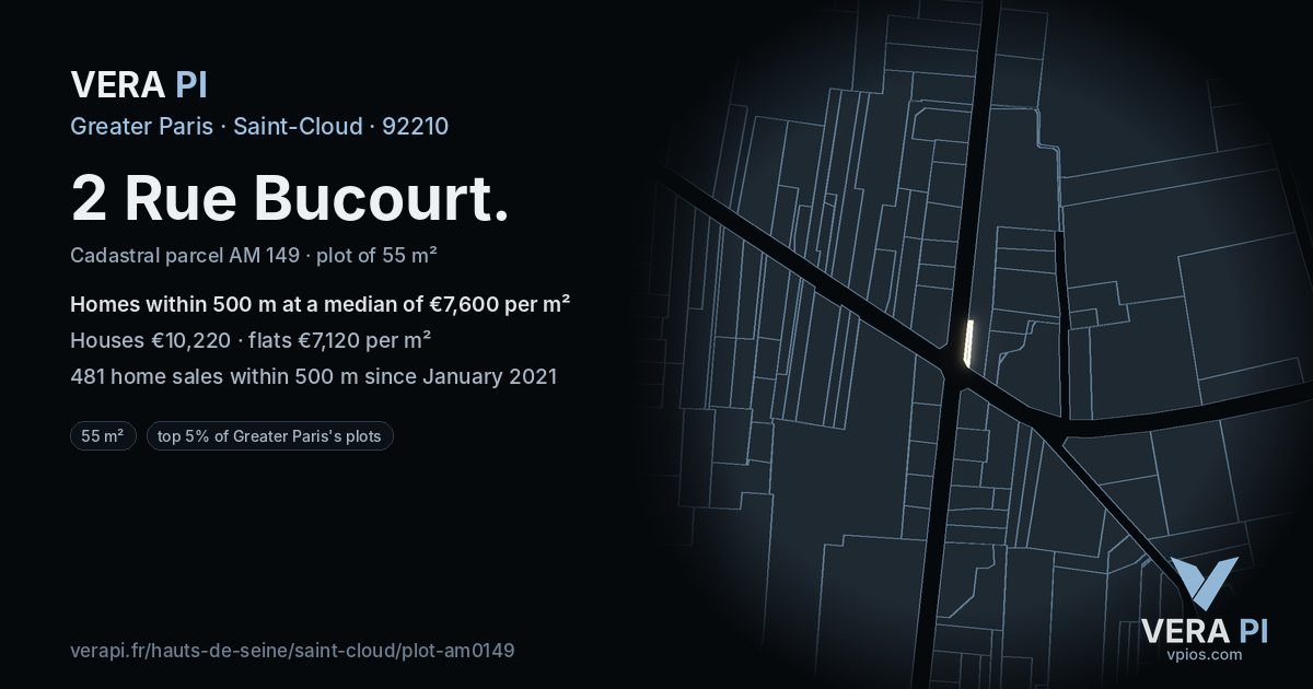 2 Rue Bucourt, Saint-Cloud at night – the plot lit, the parcels around coloured by the prices near them