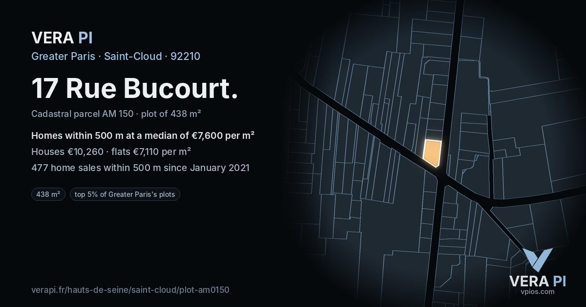 17 Rue Bucourt, Saint-Cloud at night – the plot lit, the parcels around coloured by the prices near them