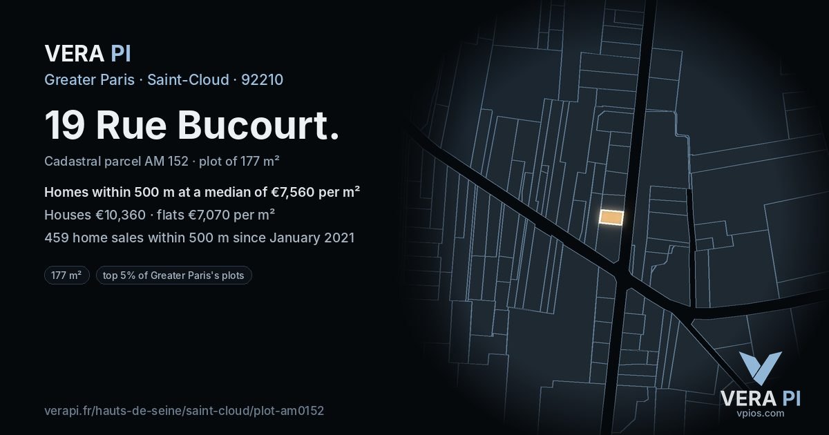 19 Rue Bucourt, Saint-Cloud at night – the plot lit, the parcels around coloured by the prices near them